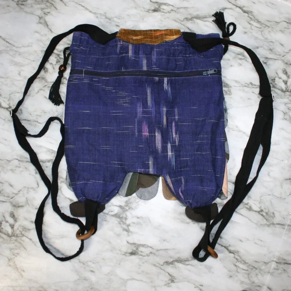 ARTISAN Backpack Owl Denim Purse Hobo Boho Blue Jean Fabric Handmade Bag